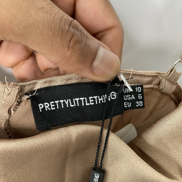 PrettyLittleThing Champagne Satin Cowl Neck Bodycon Dress Size 6 - Picture 2 of 13